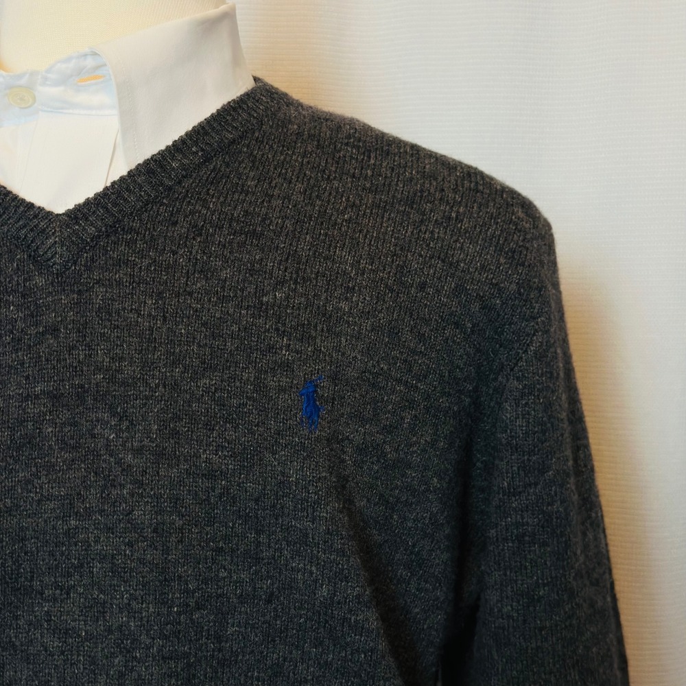 Polo Ralph Lauren‎ Mens V Neck Sweater Dark Gray 100% Lambs Wool Size XL - Picture 3 of 8